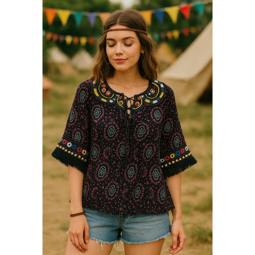 Boho Festival Top Embroidered Mirror Tassel Beaded Gypsy Hippie Blouse‎ Sz S